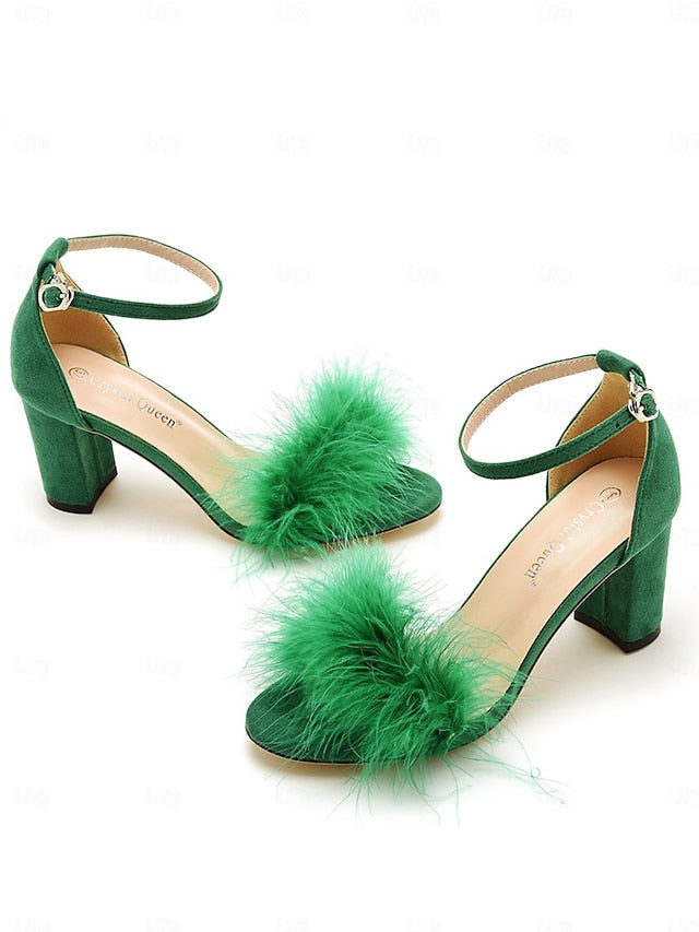 Feather-Embellished – Wedding Heel Block Sandals Women for
