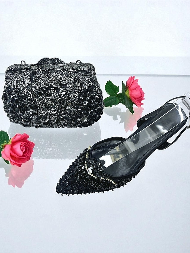 Rhinestone Set Shoes Green Bag - Clutch Heel Women's and
