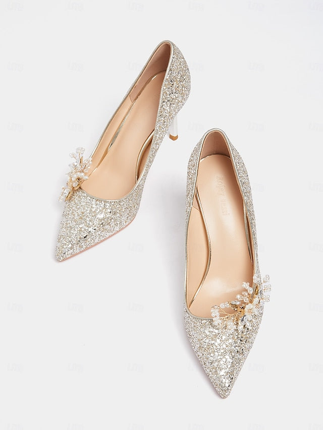 with Women's Glitter Floral Heels Silver Stiletto