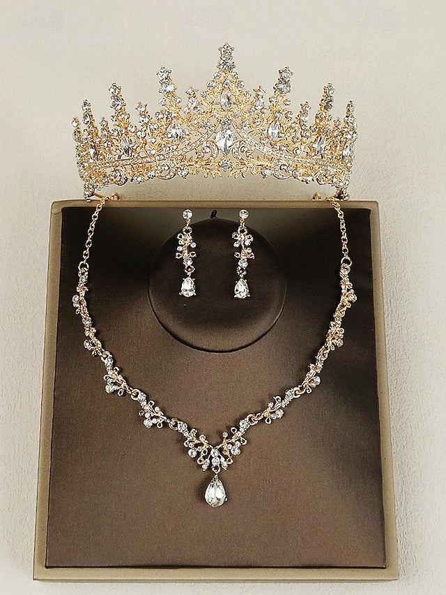 – Sparkling Set Gold-Plated Tiara Diamond Necklace Crown and