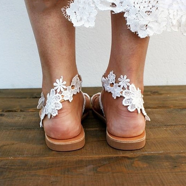Women's Floral Sandals Lace White Flat with Bridal