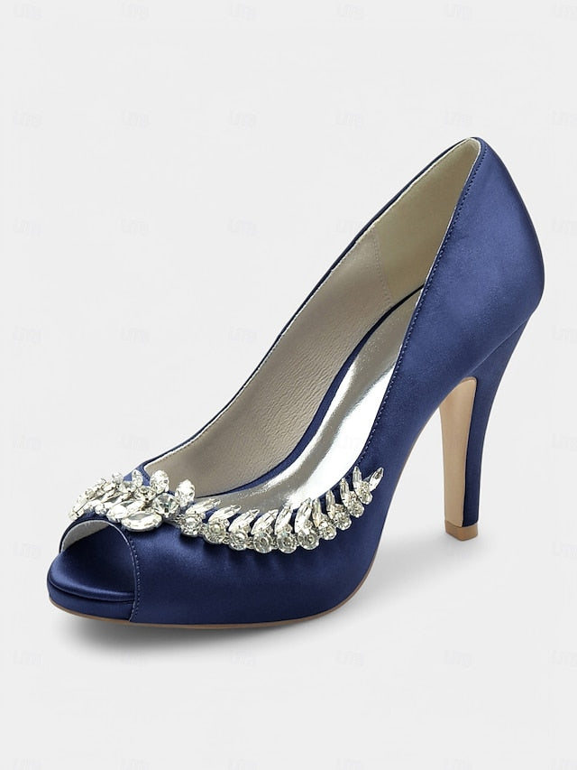 with Crystal Blue Embellishment Luxury Satin Peep-Toe Heels –
