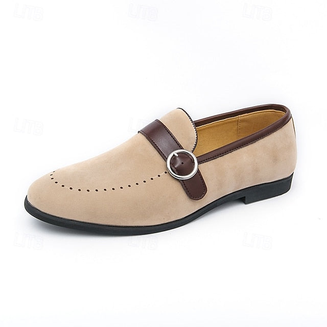 Men's Suede Brown Slip-On with Buckle Faux Strap Loafers