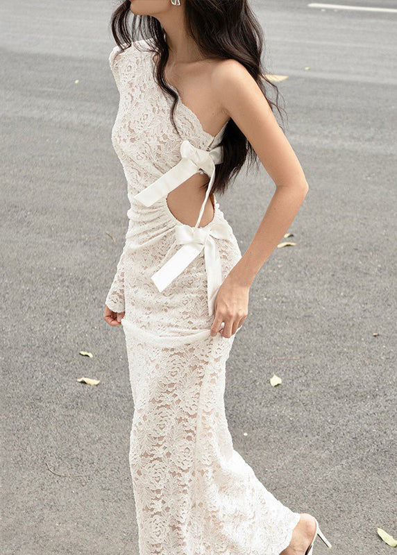 Out Kleid Maxi Hohl Weiß Chic Asymmetrische Spitze Frühling