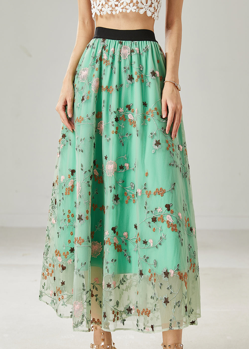 Jupes en tulle brodé vert italien d'été AZ1044