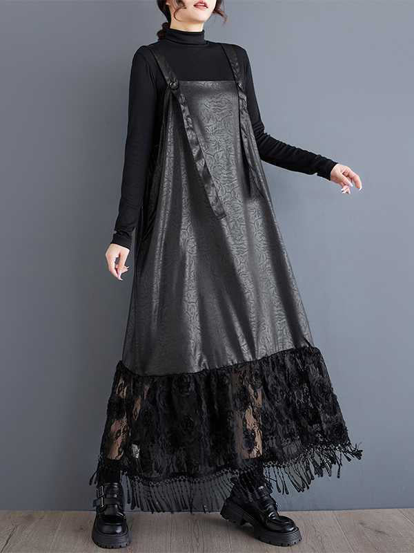 Elegantes schwarzes Hosenträgerkleid mit quadratischem Kragen und Jacquard-Patchwork-Spitze und gerüschtem Saum TW010
