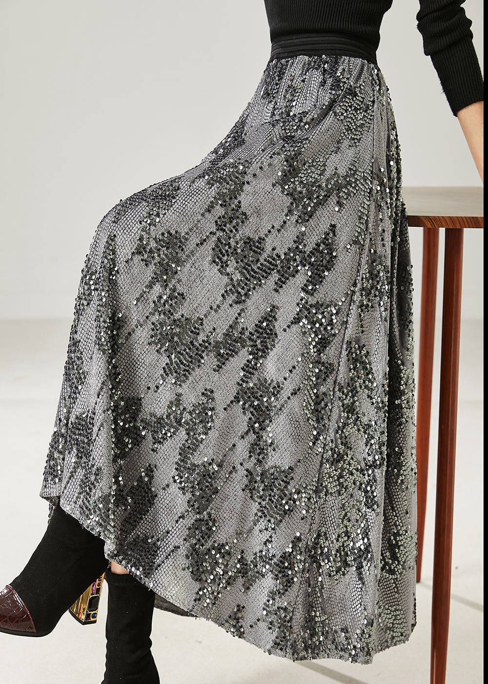 Jupe d'été à sequins gris français à ourlet extra large AZ1035