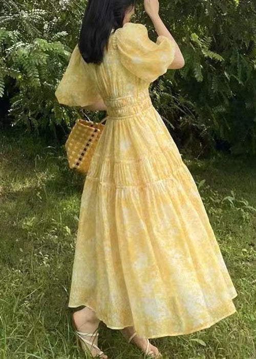 V-langes Sommer-Print-Böhmisches Chiffon-Kleid mit gelbem Hals