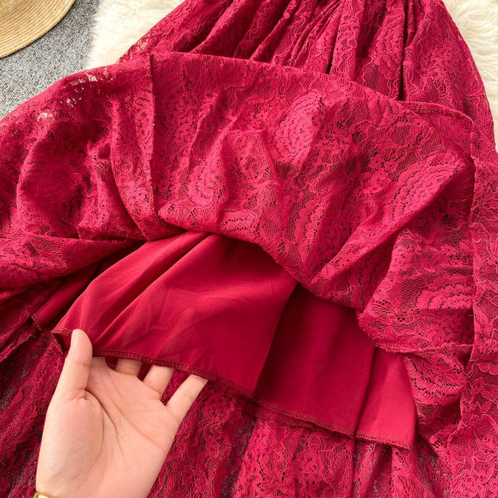 Robe à volants en dentelle olive avec ourlet plissé et manches volantées AR1002