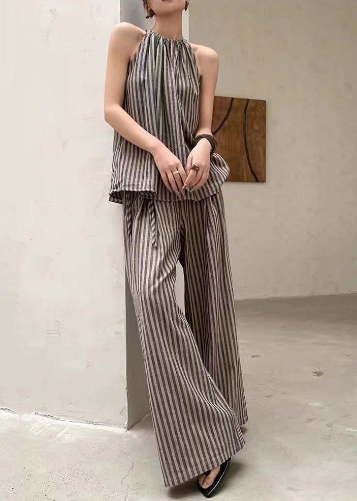 Ensemble deux pièces haut rayé café à la mode française, pantalon à jambes larges, été EE055