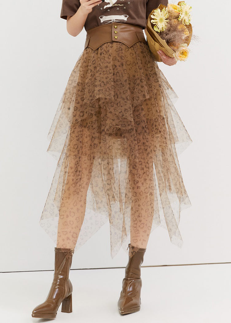 Jupe en tulle taille haute asymétrique à imprimé léopard chic pour l'été QP059