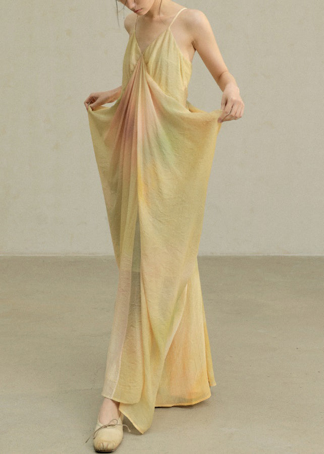 Robe en coton spaghetti fantaisie froissée avec bretelles jaunes