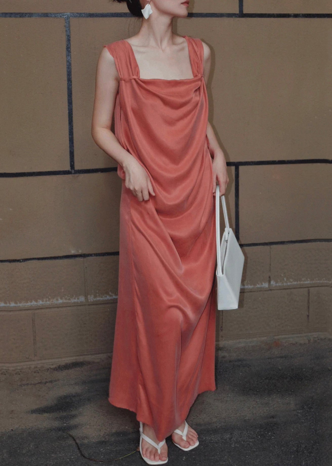 Robe longue en soie orange sans manches pour femme, couleur unie, en dentelle