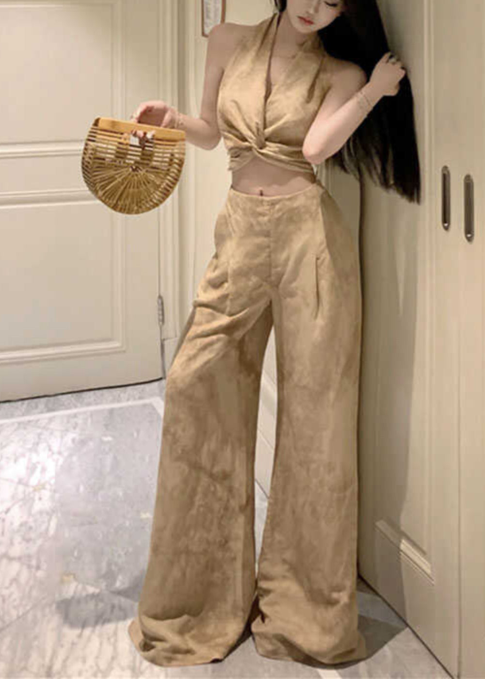 Ensemble deux pièces gilet froissé imprimé licou et pantalon large sans manches AN1008