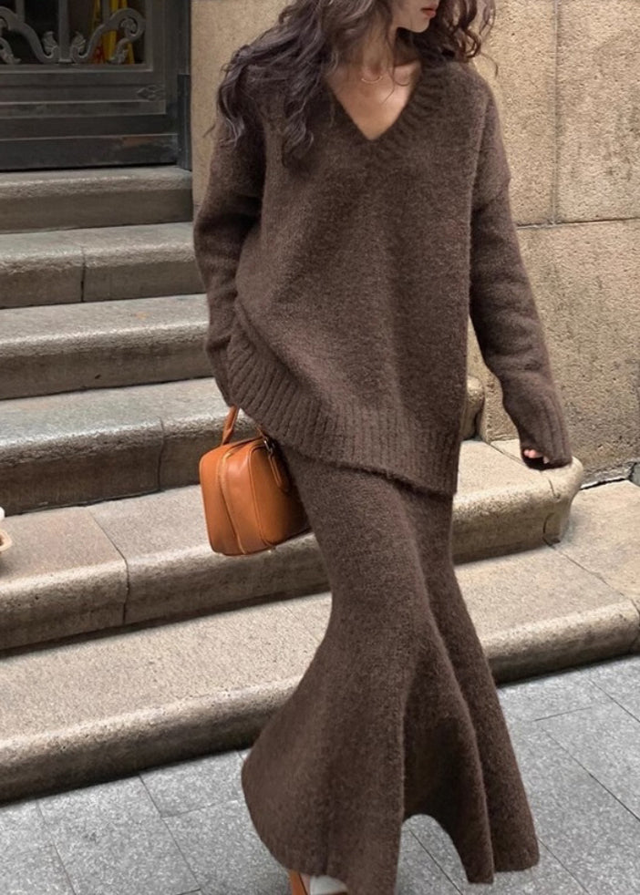 Ensemble deux pièces en tricot de coton marron confortable et jupe longue grande taille, hiver WV029