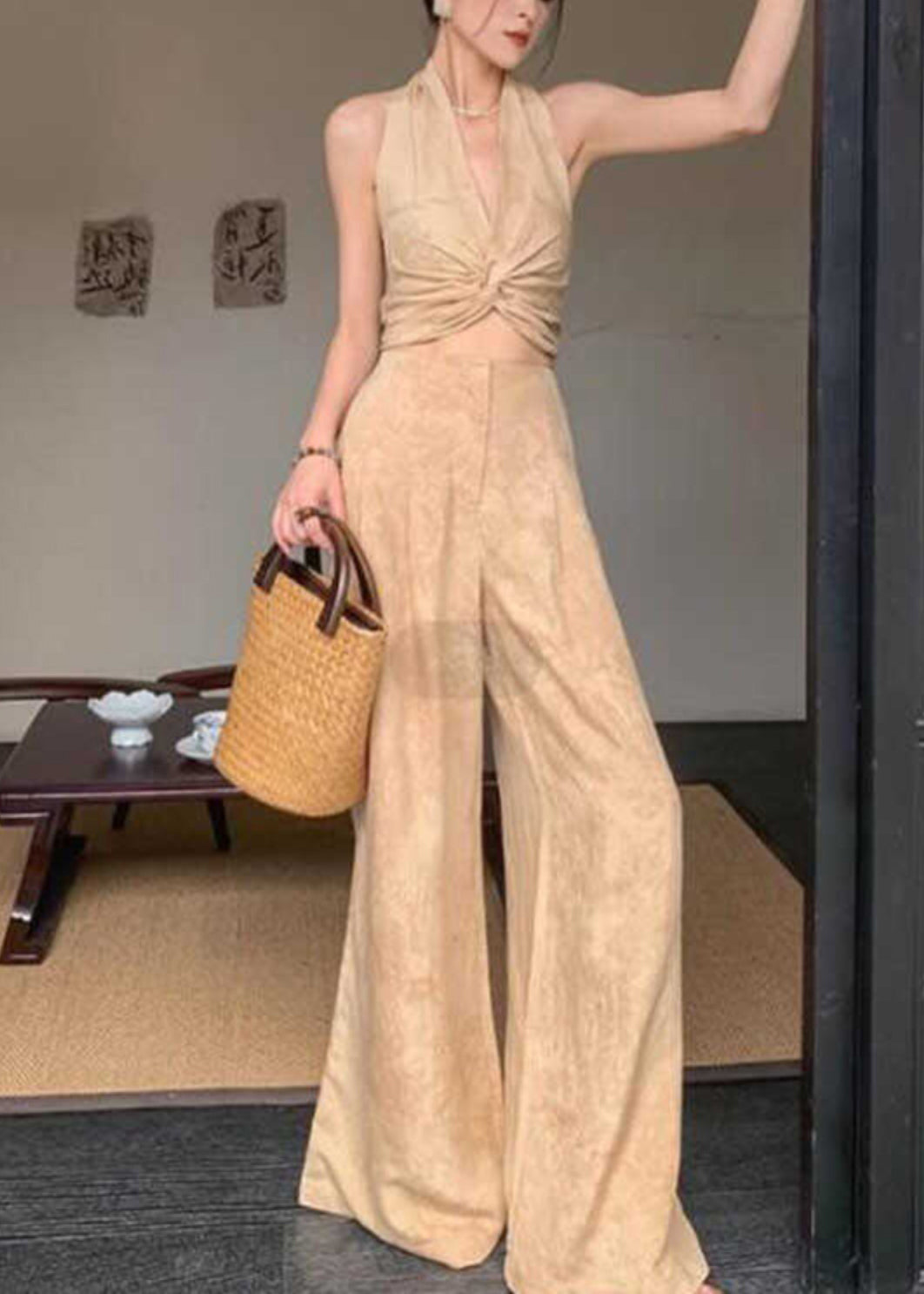 Ensemble deux pièces gilet froissé imprimé licou et pantalon large sans manches AN1008