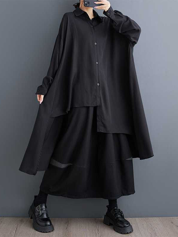 Original schwarze Bluse mit asymmetrischem Revers und Knöpfen, hohem und niedrigem Saum, langen Ärmeln, TW009