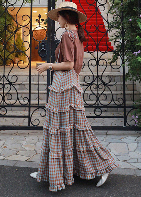 Blaues Patchwork Ärmelloses Plaid Rüschenkleid Lang