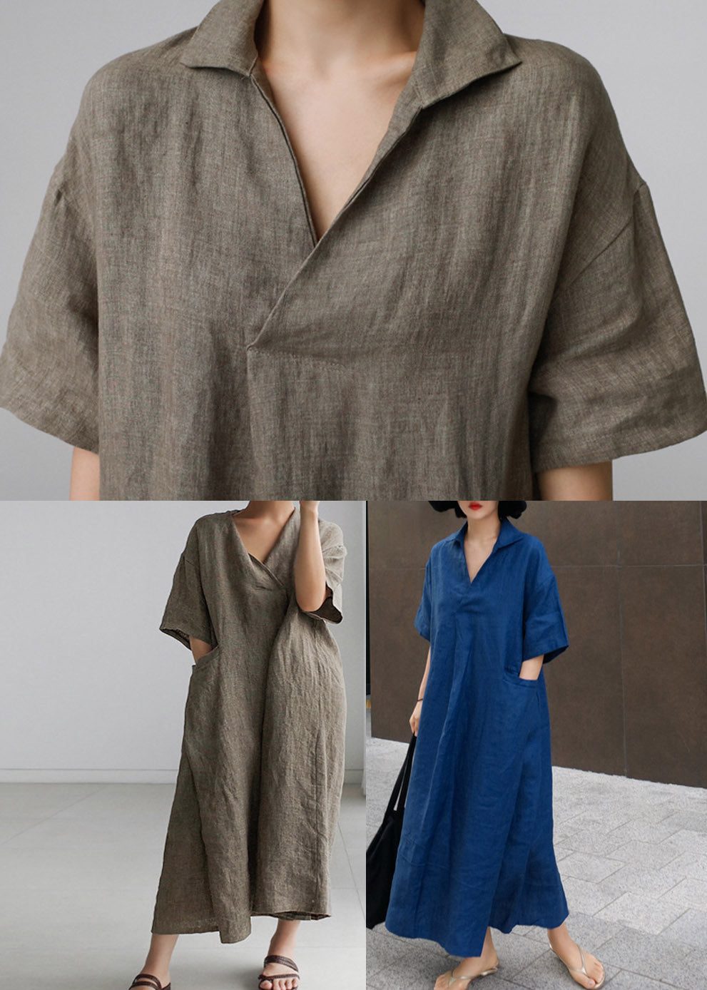 Faltenkleid mit offenen Ärmeln, seitlich, kurz, Leinen, Blau