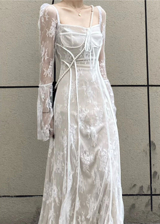 Französisches schwarzes Patchwork-Spitzen-Langkleid mit eckigem Kragen und ausgestellten Ärmeln AZ1028