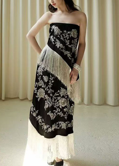 Schwarzes, ärmelloses, hochgeschlossenes, quastenbesetztes Patchwork-Kleid