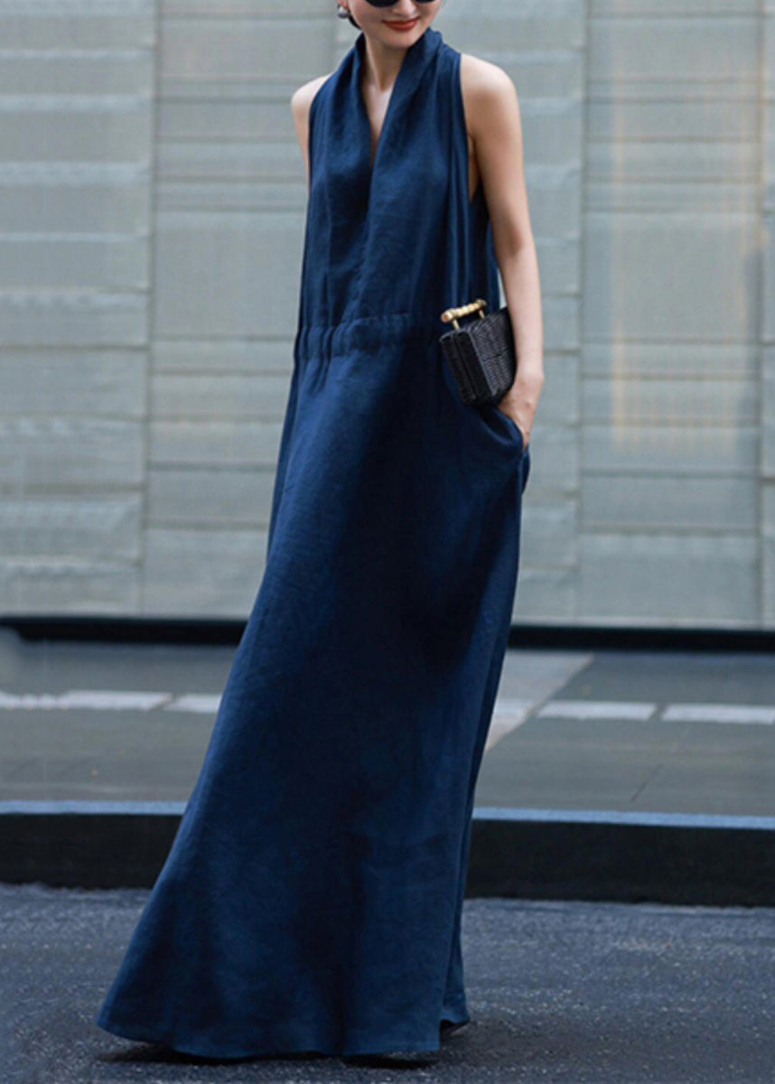 Neu Licht Leinen Solide Kleider Blau Robe Taille Krawatte
