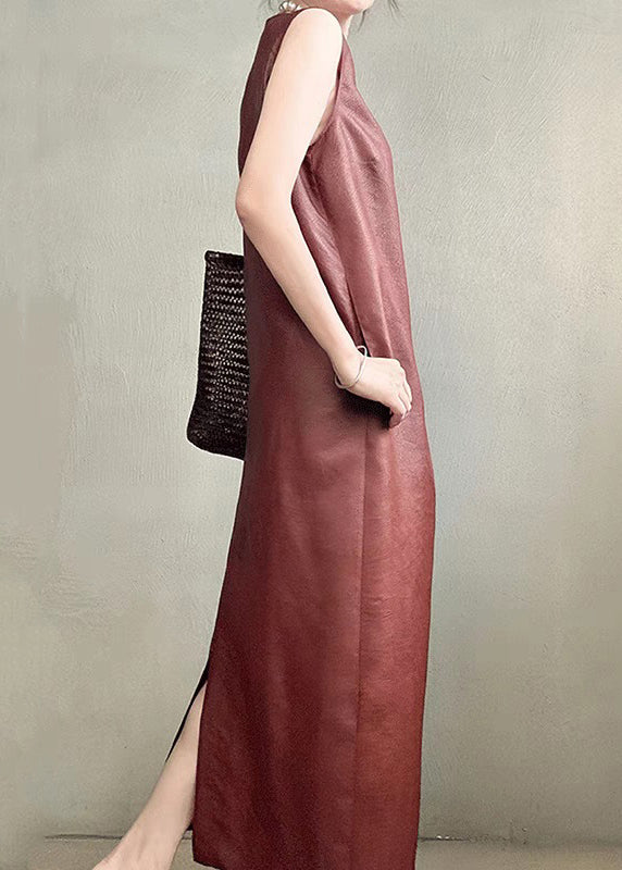 Offene Seite Ärmellos Lange Rücken Elegante Rote Kleid Taschen Seide