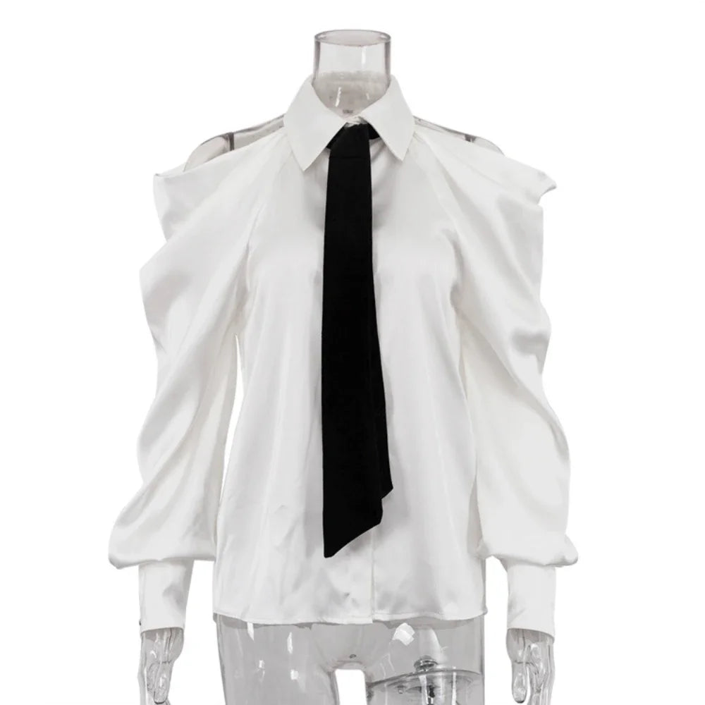 Satin Off Tie Top Ärmel Party Lange Schulter Revers Weiß mit