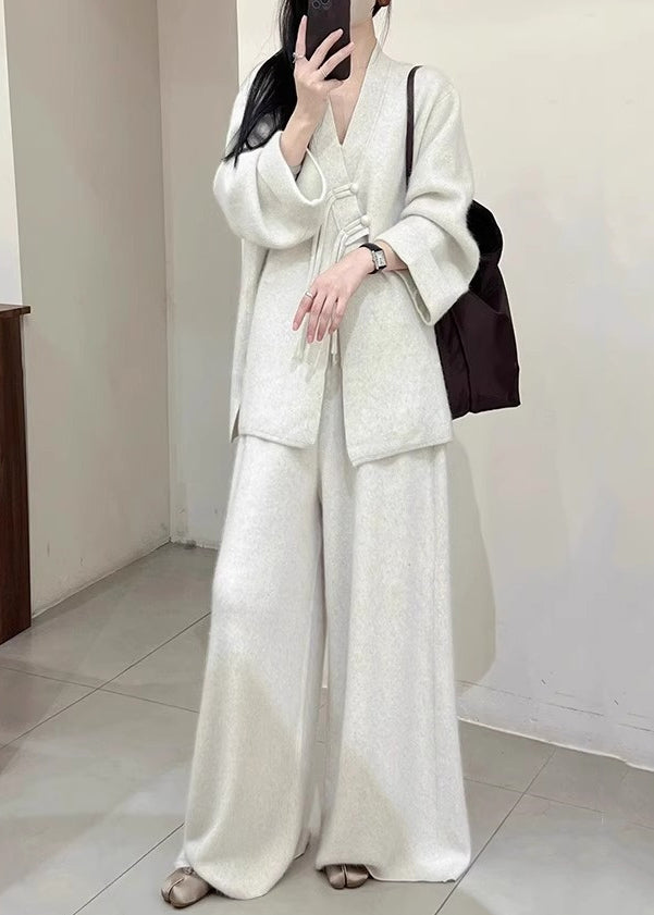 Ensemble deux pièces gris clair avec manteau et pantalon en tricot boutonné à col en V, automne WV028
