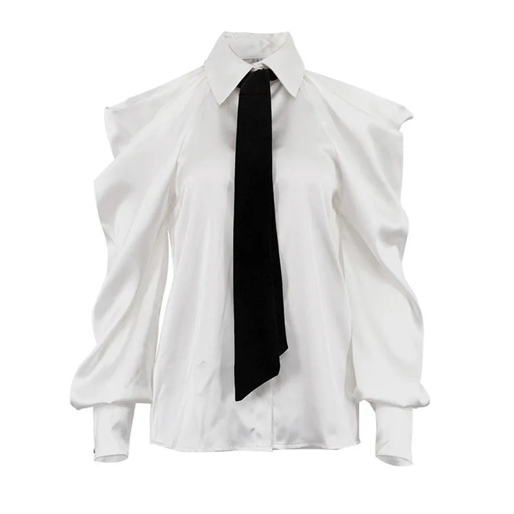 Satin Off Tie Top Ärmel Party Lange Schulter Revers Weiß mit