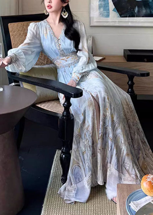 Robe longue en mousseline imprimée, taille bleue, élégante, col en V, printemps