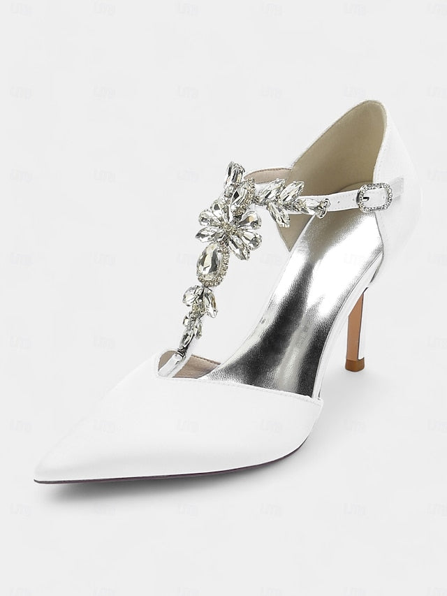 Toe Women's Heels T-Strap Satin Blue – Navy Pointed