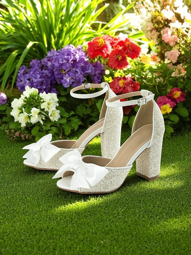 Wedding Women's Heel Ankle Block with White Glitter Sandals