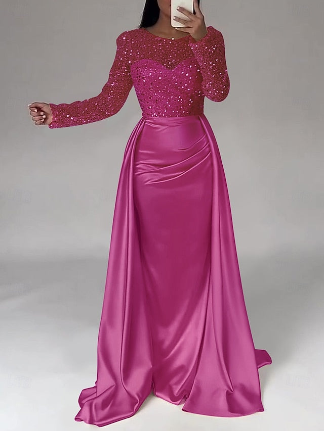 Evening Long Dress Gown Mermaid RuchedSatin Sleeves Sequin