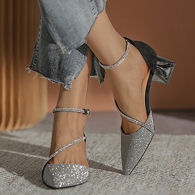 with Ankle Glitter Toe Pointed Mesh Women's Block Heels