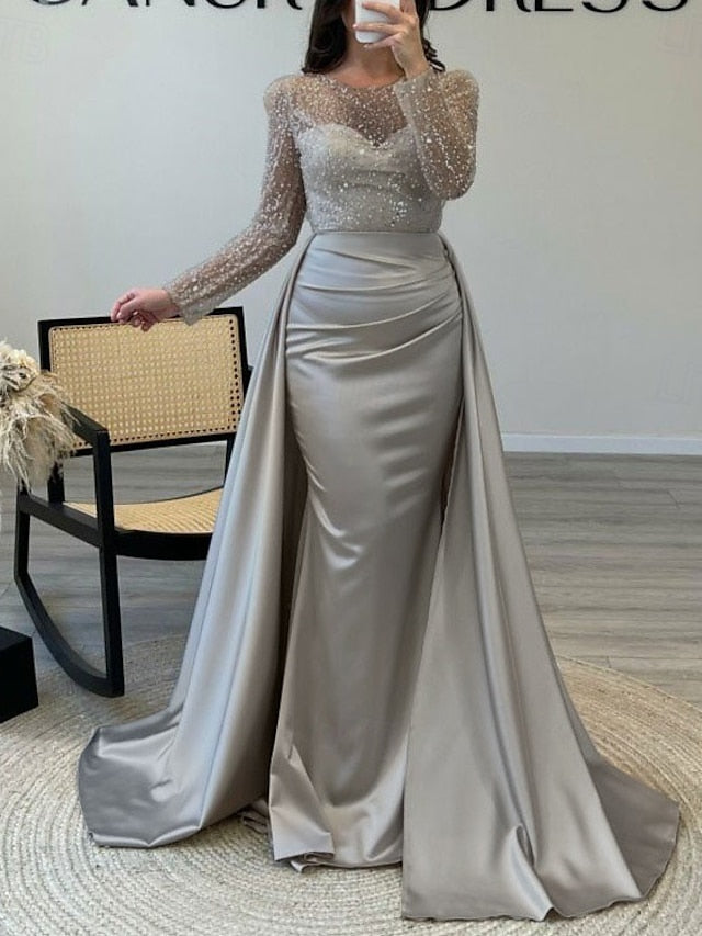 Evening Long Dress Gown Mermaid RuchedSatin Sleeves Sequin