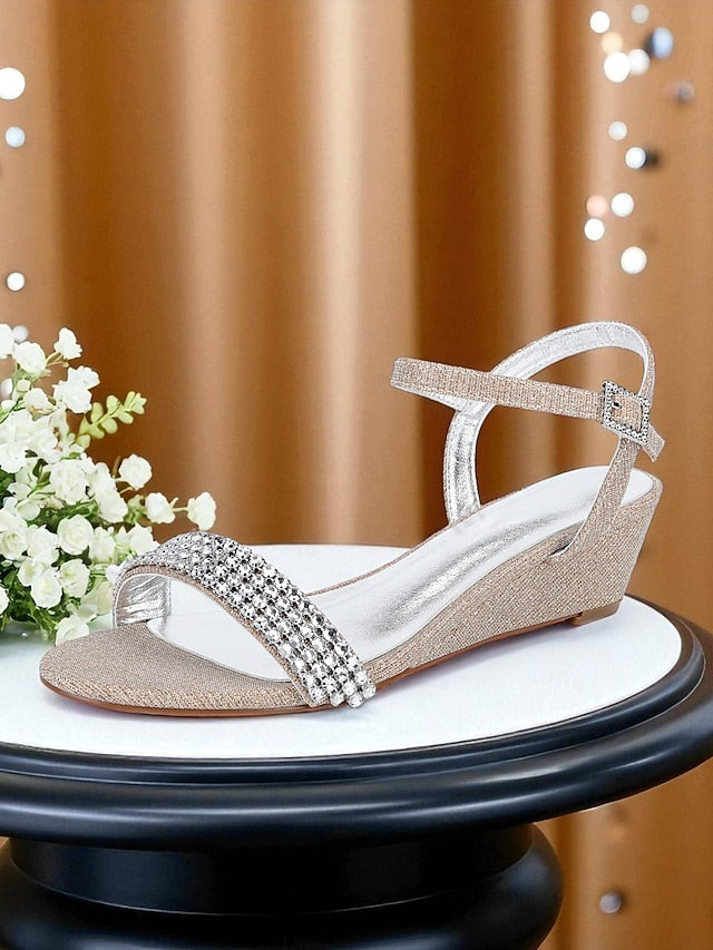 Wedge - Rhinestone Toe Women's Champagne Open Sandals