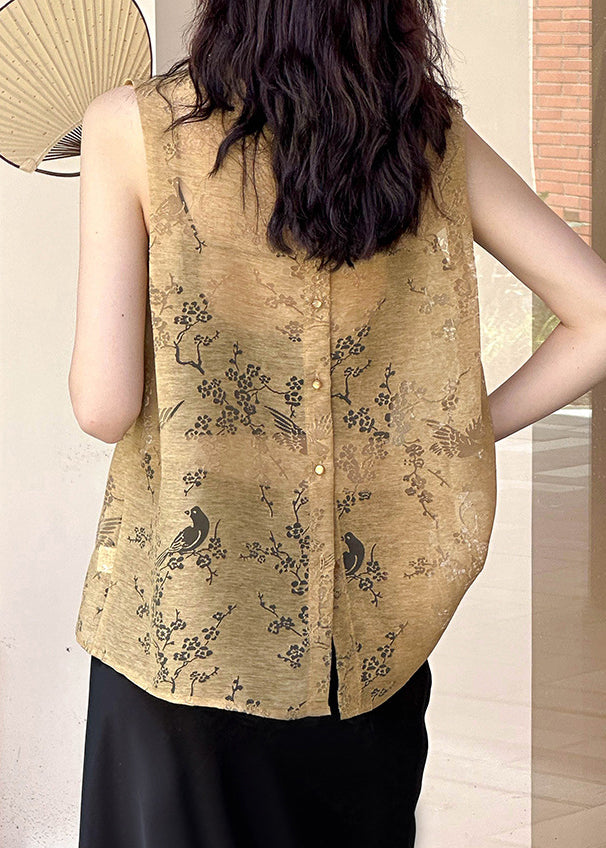 Stilvolles, gelbes, ärmelloses Tanktop mit Rundhalsausschnitt und Aussparungen AF1021