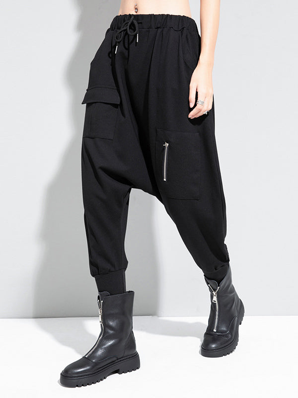 Pantalon sarouel simple noir avec poches à la taille et élasticité WS012