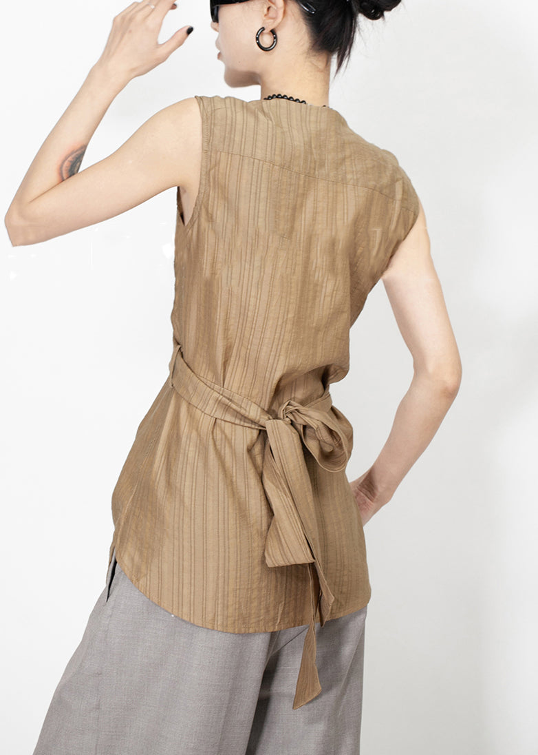 Débardeur élégant en soie et coton marron à lacets et col en V sans manches EE056