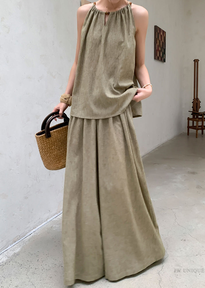 Ensemble deux pièces en lin vert français avec haut et pantalon sans manches EE037