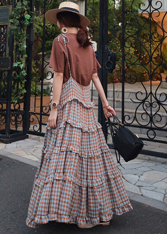 Blaues Patchwork Ärmelloses Plaid Rüschenkleid Lang
