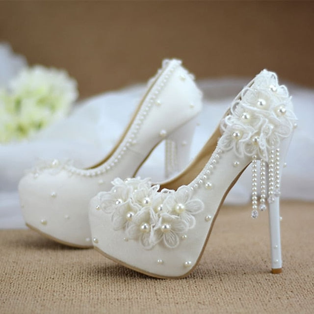 White Floral Platform Heels Wedding Lace with Women's