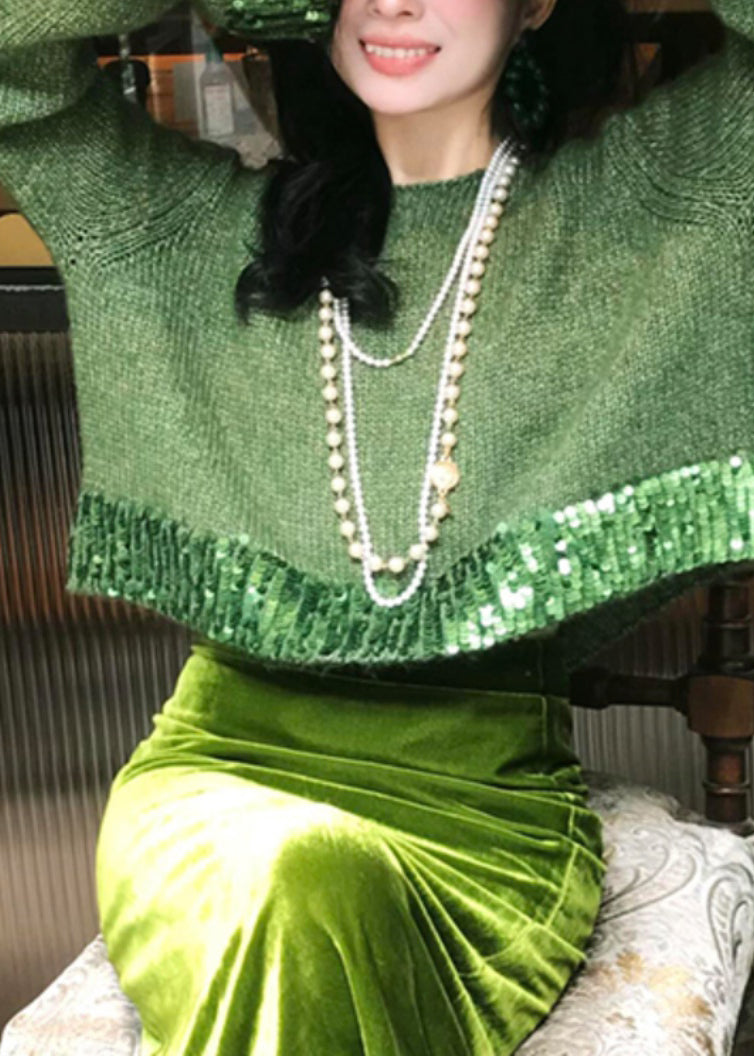 Ensemble deux pièces en tricot de coton vert ajouré et jupe longue, tendance hiver WV002