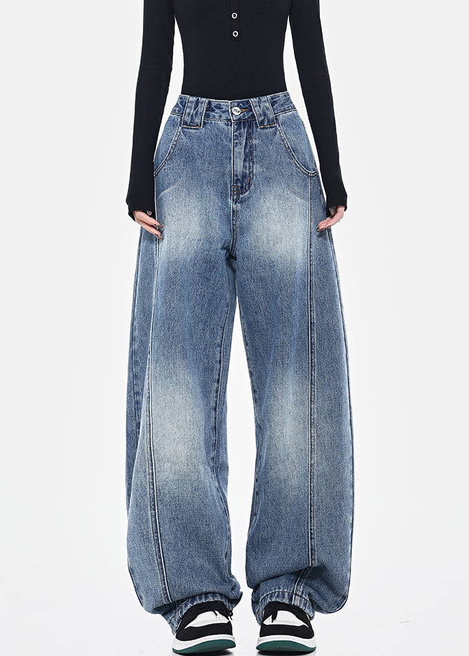 Pantalon mode poches hautes printemps bleu patchwork taille denim
