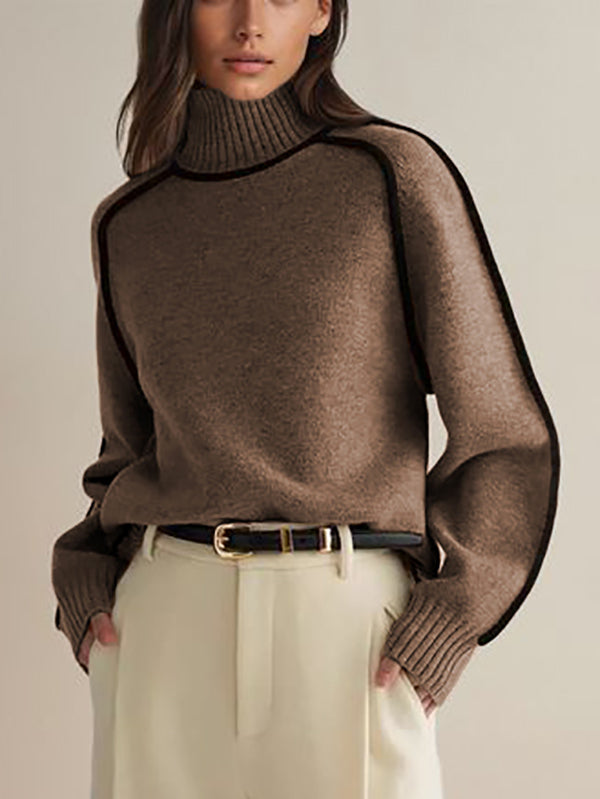 Original weißer Pullover mit hohem Kragen und langen Ärmeln in Kontrastfarbe TW012
