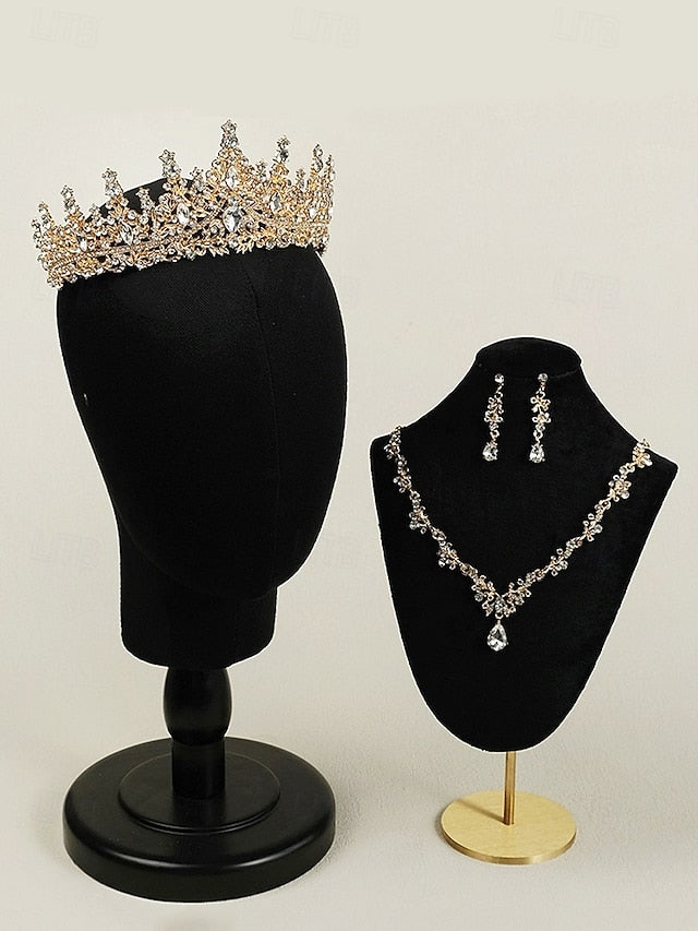 – Sparkling Set Gold-Plated Tiara Diamond Necklace Crown and