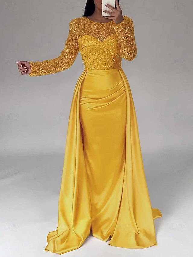Evening Long Dress Gown Mermaid RuchedSatin Sleeves Sequin