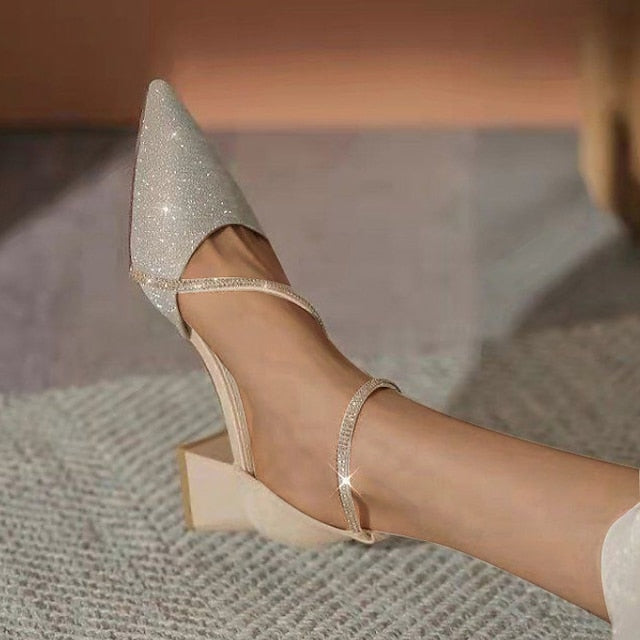 with Ankle Glitter Toe Pointed Mesh Women's Block Heels