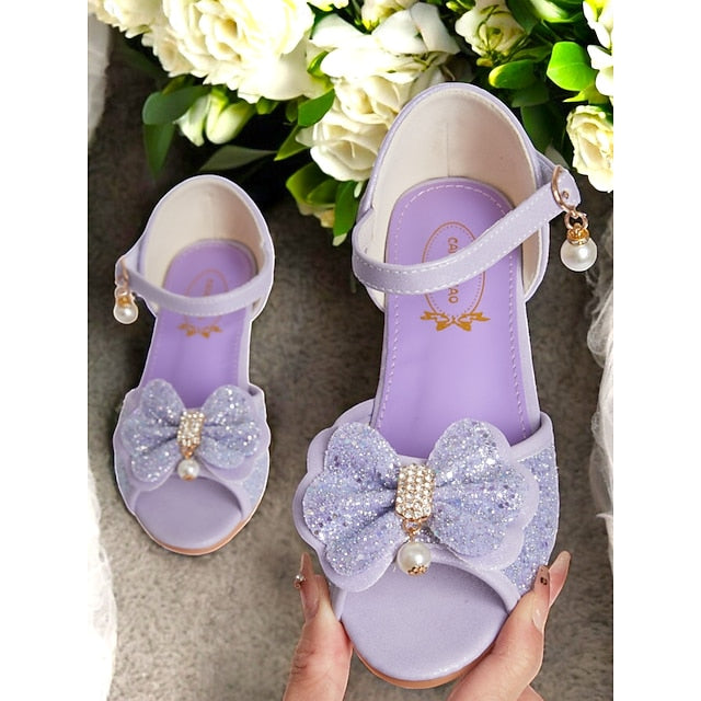Girls' with Bow Sandals Pearl Accent Glitter Purple